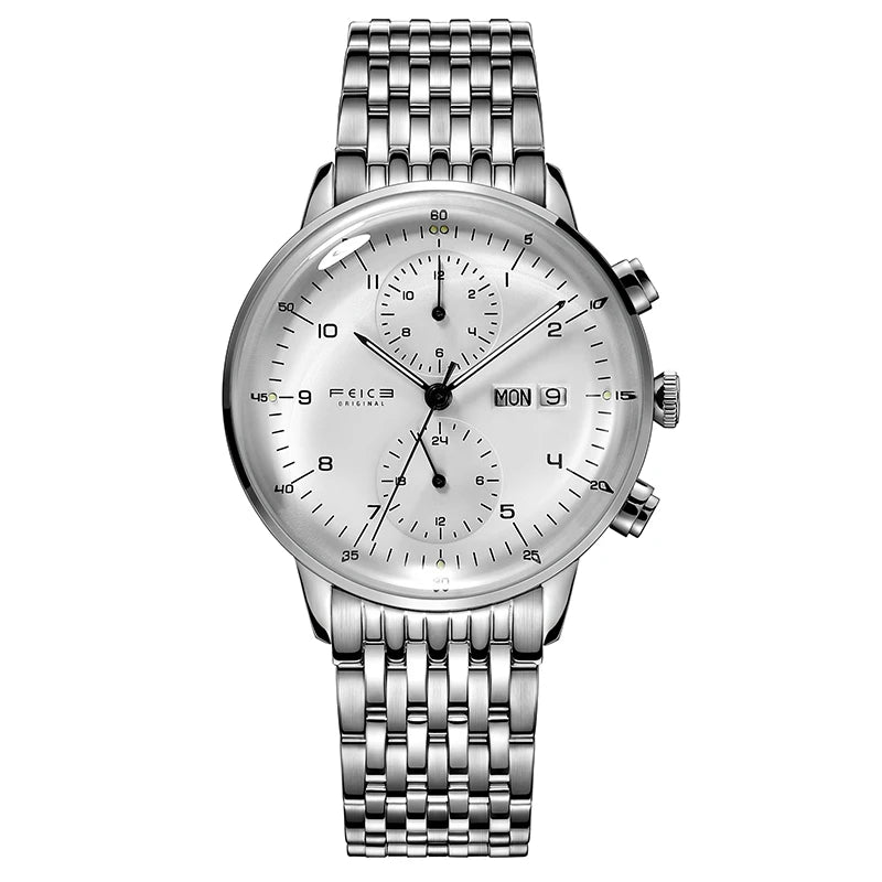 Bauhaus Elegance! FEICE FM121 Automatic Mechanical Dress Watch – Stainless Steel, Full Calendar, Domed Mirror Design