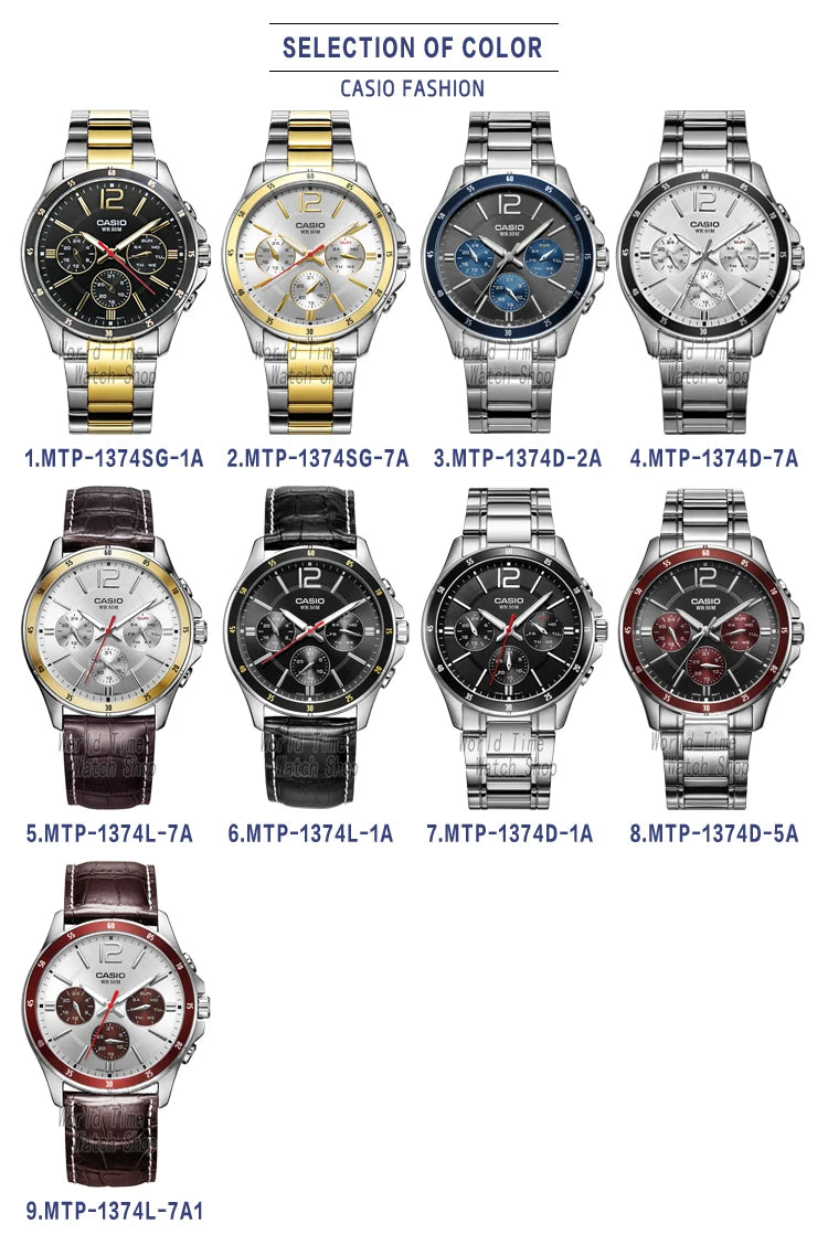 Top Brand Luxury! Casio MTP-1374 Quartz Watch – 50M Water Resistant, Multi-Hand Analog Display for Business & Military Style