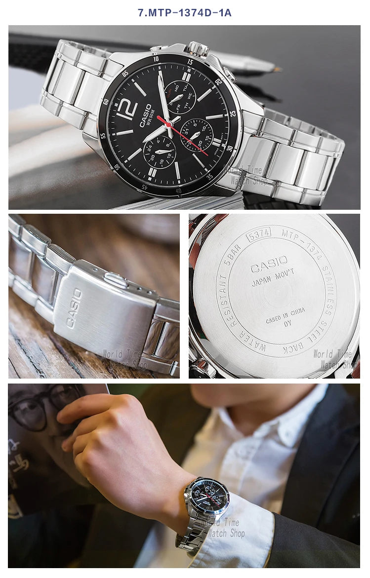 Top Brand Luxury! Casio MTP-1374 Quartz Watch – 50M Water Resistant, Multi-Hand Analog Display for Business & Military Style