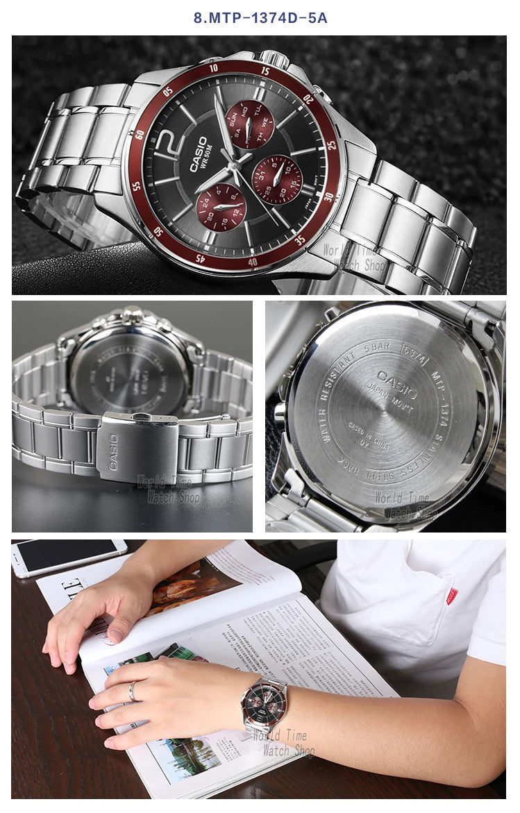 Top Brand Luxury! Casio MTP-1374 Quartz Watch – 50M Water Resistant, Multi-Hand Analog Display for Business & Military Style