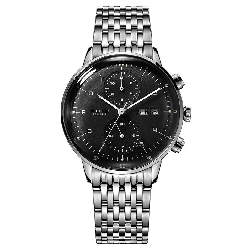 Bauhaus Elegance! FEICE FM121 Automatic Mechanical Dress Watch – Stainless Steel, Full Calendar, Domed Mirror Design