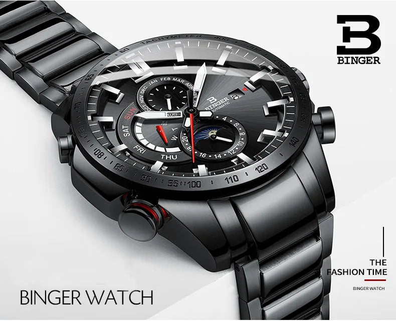 Genuine Luxury! BINGER Swiss Brand Automatic Mechanical Watch – Moon Phase, Luminous, Sapphire Crystal, 50M Waterproof