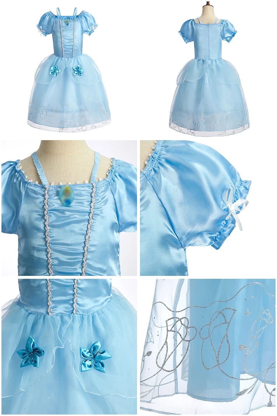 Dreamy Performance Gown! Little Girls' Cinderella Cosplay Dress – Blue Princess, Appliques & Bubble Sleeves