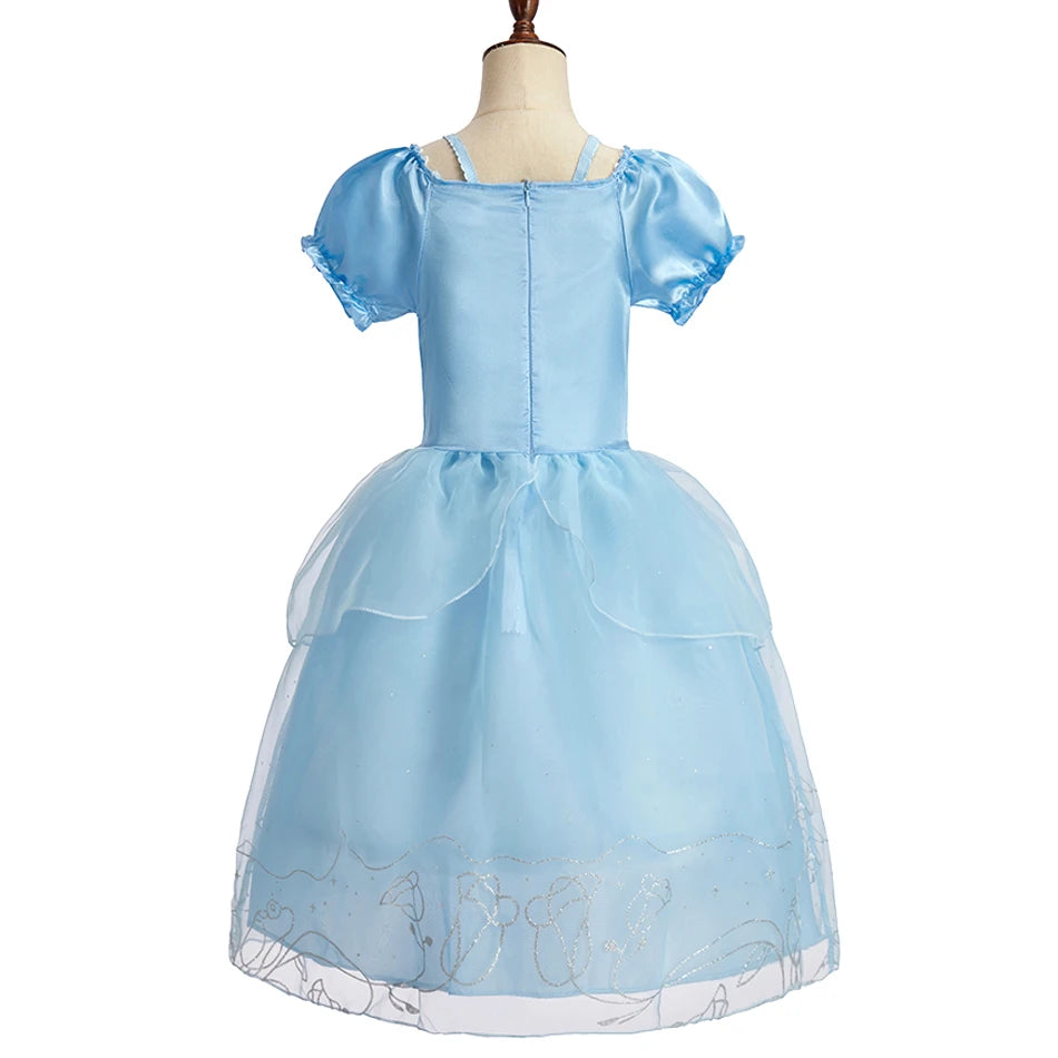 Dreamy Performance Gown! Little Girls' Cinderella Cosplay Dress – Blue Princess, Appliques & Bubble Sleeves