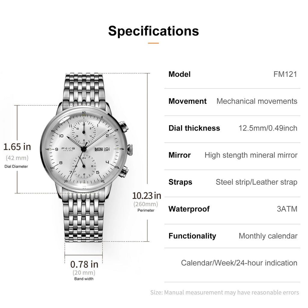 Bauhaus Elegance! FEICE FM121 Automatic Mechanical Dress Watch – Stainless Steel, Full Calendar, Domed Mirror Design