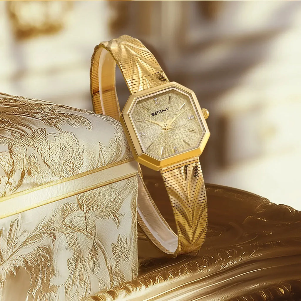 Luxury Small Watch! BERNY Gold Tone Octagonal Quartz Ladies Watch – Grit Dial, Stainless Steel, IP Gold Plated, Waterproof