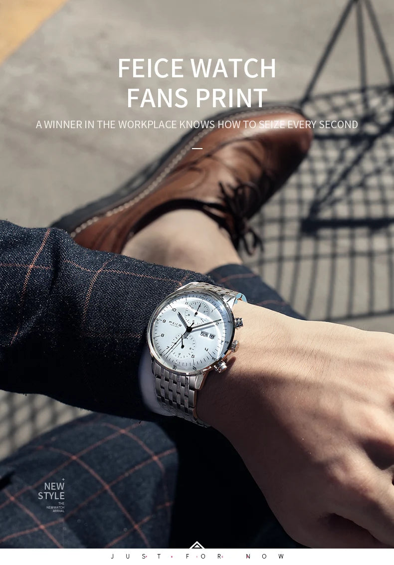 Bauhaus Elegance! FEICE FM121 Automatic Mechanical Dress Watch – Stainless Steel, Full Calendar, Domed Mirror Design