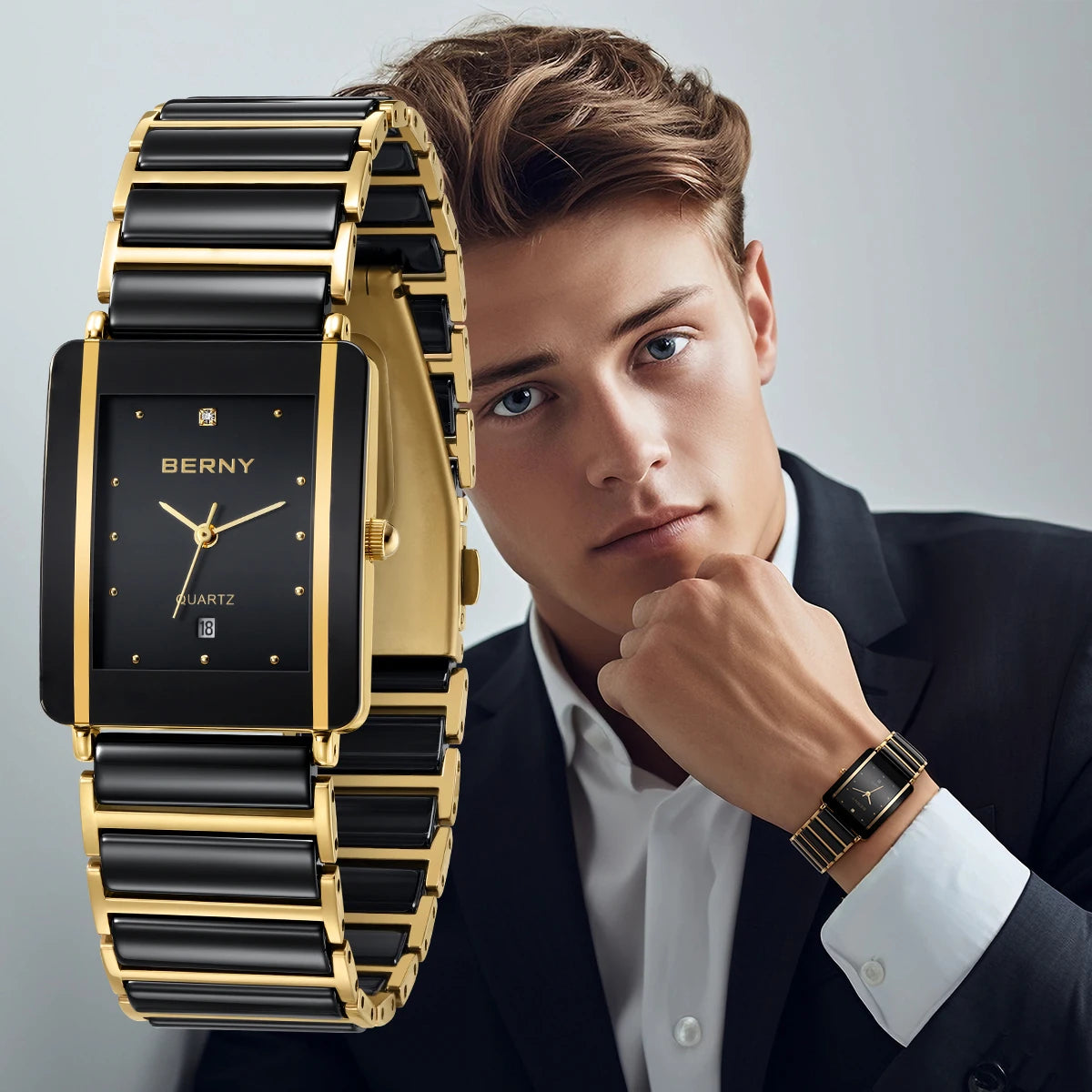 Couple's Luxury! BERNY Ceramic Quartz Rectangle Watch – Black Gold, Calendar, 30M Waterproof, Sapphire Coated Lens