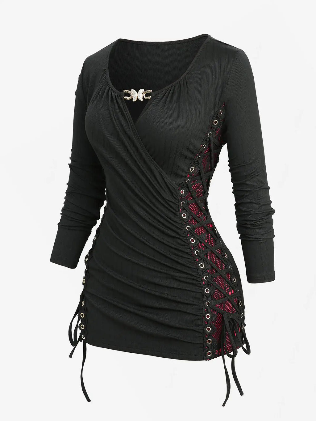 ROSEGAL Plus Size Surplice Butterfly Buckle Long Sleeves Top 2025 Autumn Casual Costume Skull Fishnet Lace Up Side Ruched Tees