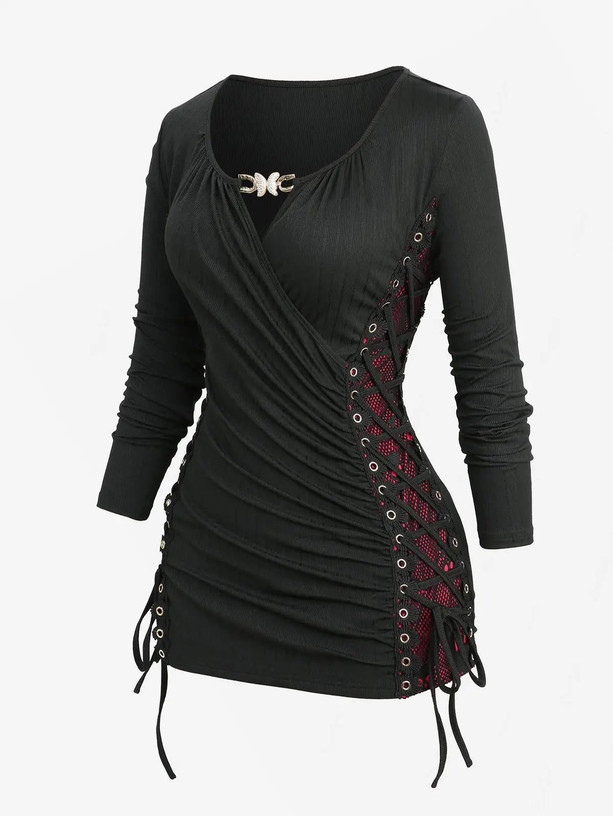 ROSEGAL Plus Size Surplice Butterfly Buckle Long Sleeves Top 2025 Autumn Casual Costume Skull Fishnet Lace Up Side Ruched Tees