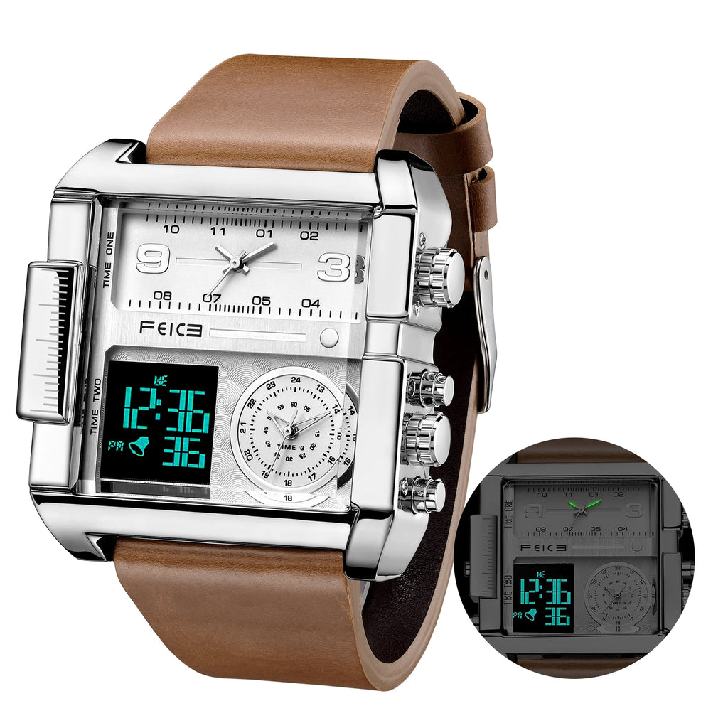 Statement Piece! FEICE FK030 Men's Big Square Dial Watch – Digital LED & Analog Display, Waterproof, Unique Leather Band