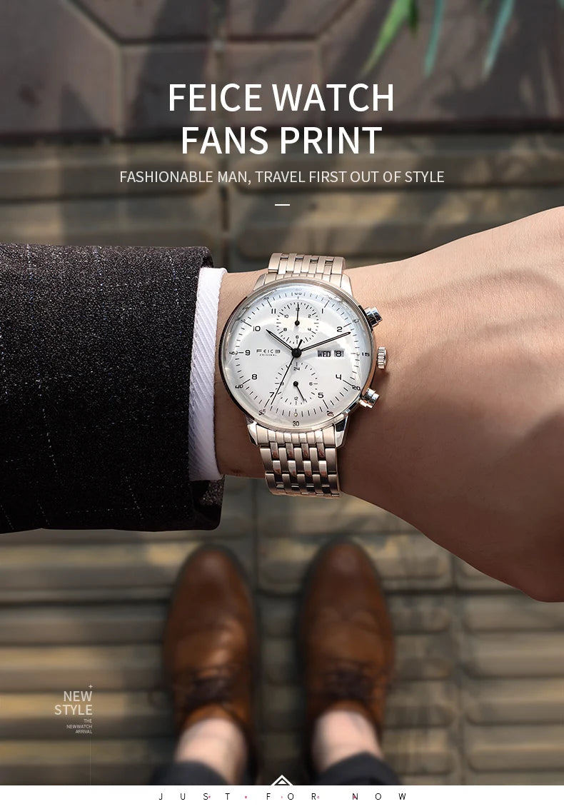 Bauhaus Elegance! FEICE FM121 Automatic Mechanical Dress Watch – Stainless Steel, Full Calendar, Domed Mirror Design