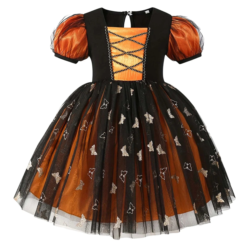 Festival Fun! Girls' Vintage Printed Ball Gown – Bubble Sleeve, Mesh Design, Perfect for Halloween & Cosplay Performance