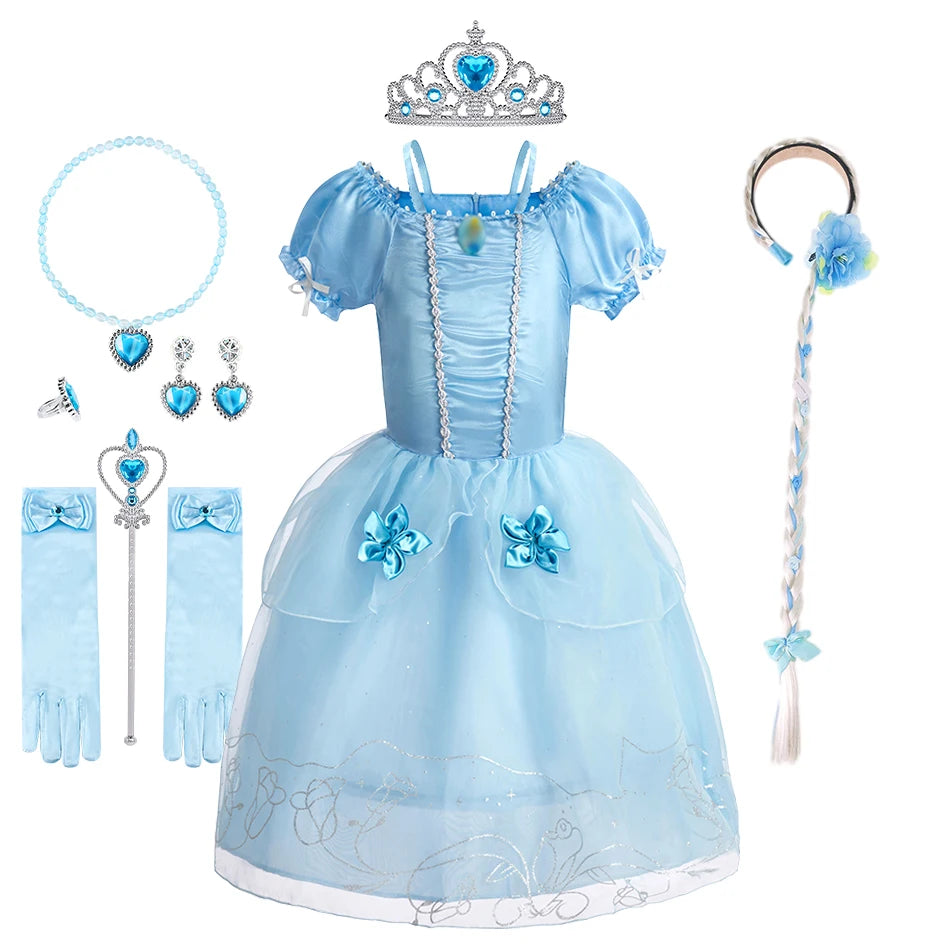 Dreamy Performance Gown! Little Girls' Cinderella Cosplay Dress – Blue Princess, Appliques & Bubble Sleeves