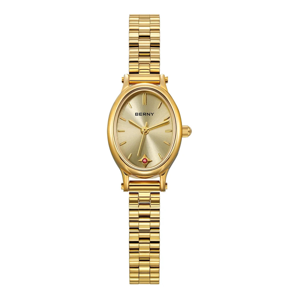Jewelry Elegance! BERNY Gold Oval Quartz Watch for Women – Ruby Dotted Dial, Ultra-Thin, Butterfly Clasp, 30M Waterproof