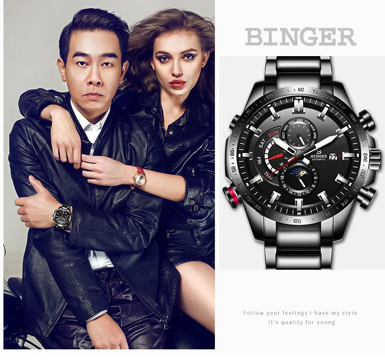 Genuine Luxury! BINGER Swiss Brand Automatic Mechanical Watch – Moon Phase, Luminous, Sapphire Crystal, 50M Waterproof