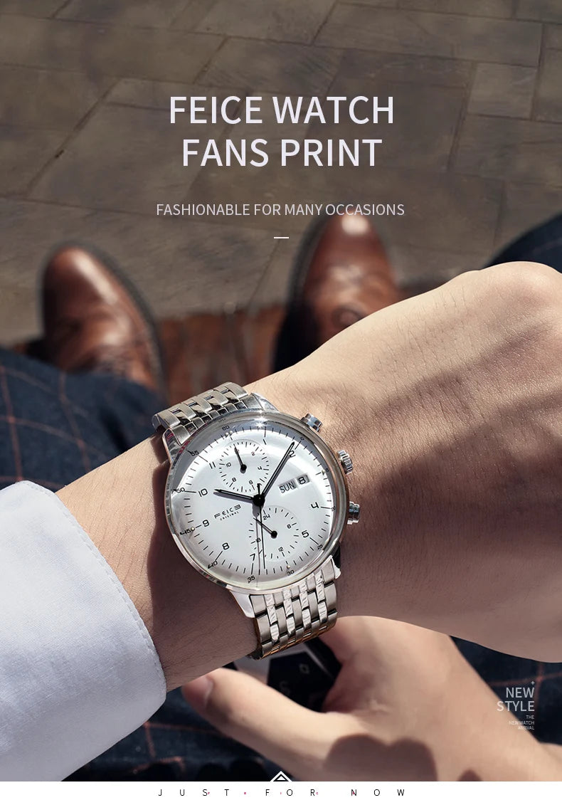 Bauhaus Elegance! FEICE FM121 Automatic Mechanical Dress Watch – Stainless Steel, Full Calendar, Domed Mirror Design