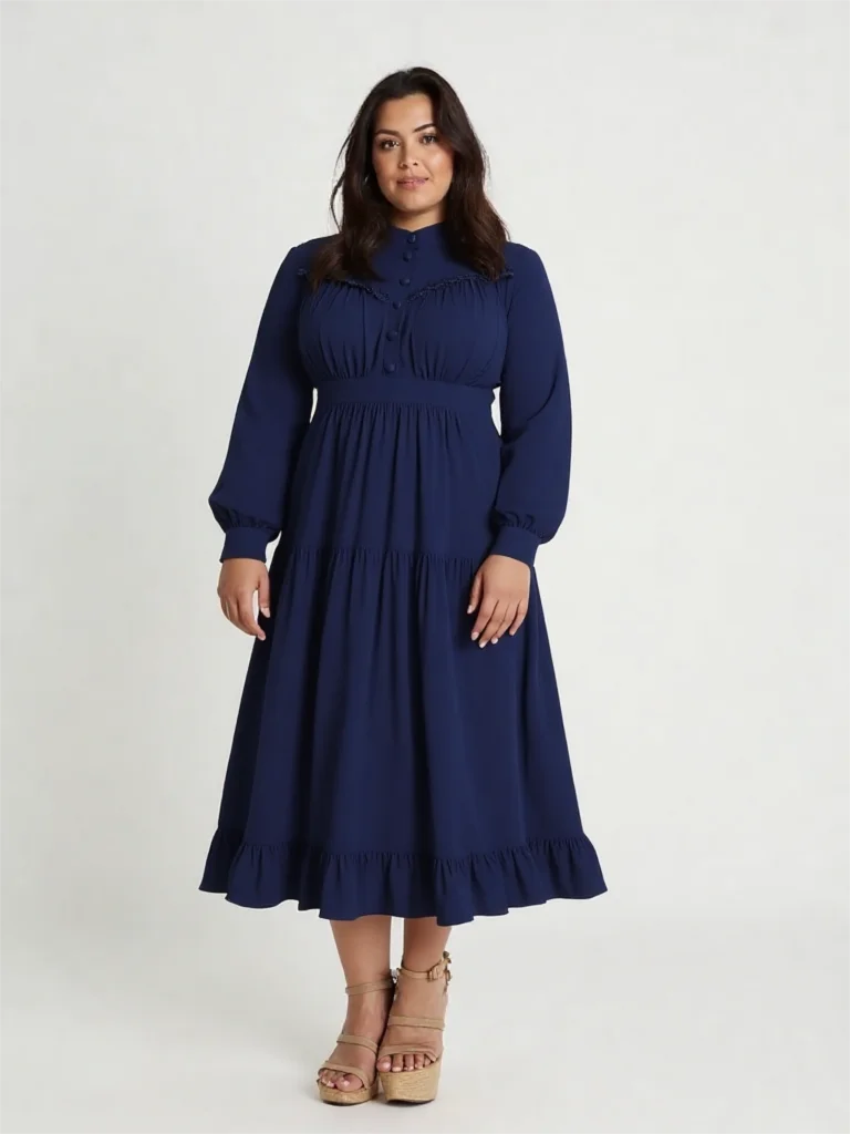 High Street Chic! ROSE GAL Plus Size A-Line Midi Dress – Autumn Elegance with Stand Collar and Button Detail