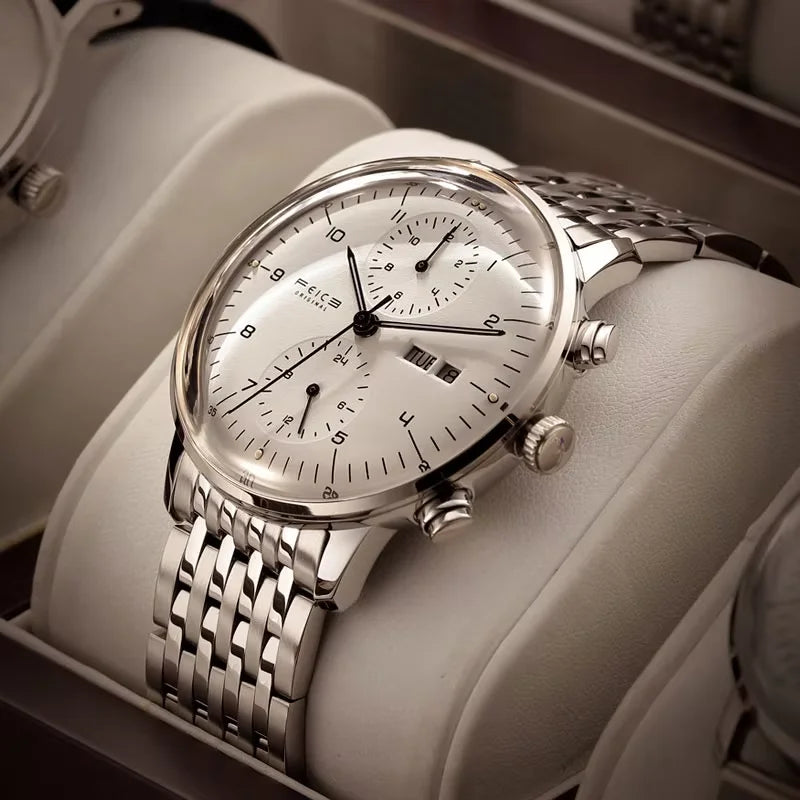 Bauhaus Elegance! FEICE FM121 Automatic Mechanical Dress Watch – Stainless Steel, Full Calendar, Domed Mirror Design