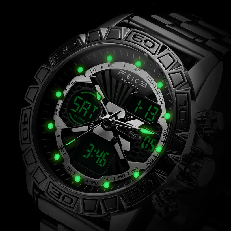 Original Retro Design! FEICE FK817 Dual Display Quartz Watch – Luminous, Waterproof, 8-Function Sport Chronograph