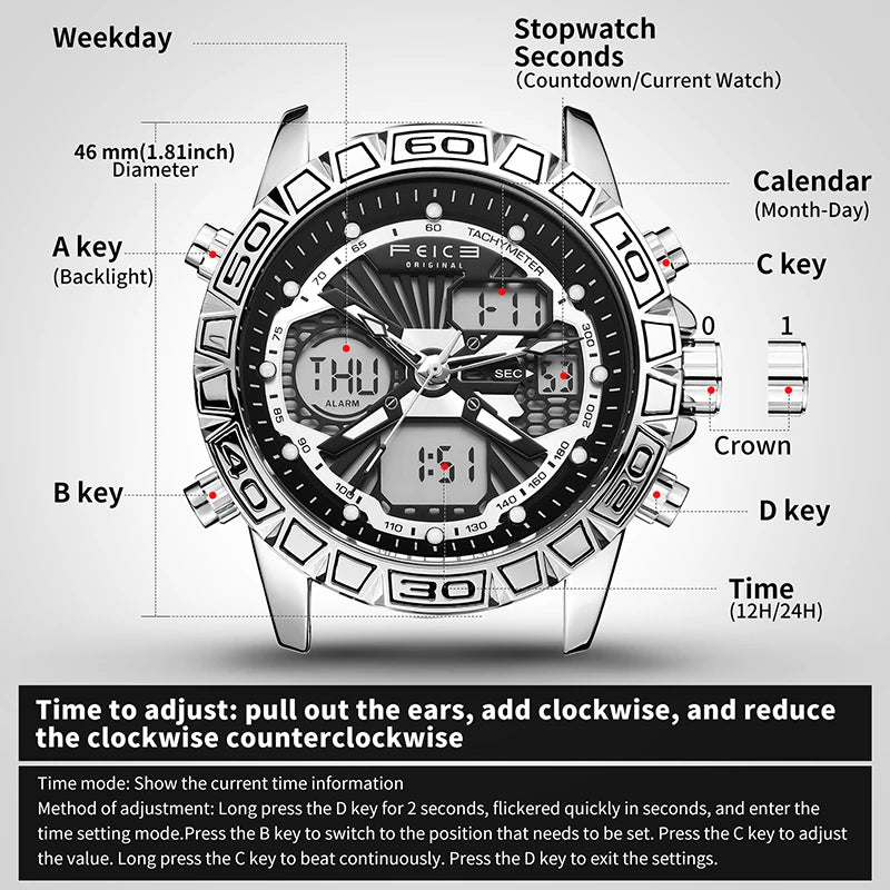 Original Retro Design! FEICE FK817 Dual Display Quartz Watch – Luminous, Waterproof, 8-Function Sport Chronograph