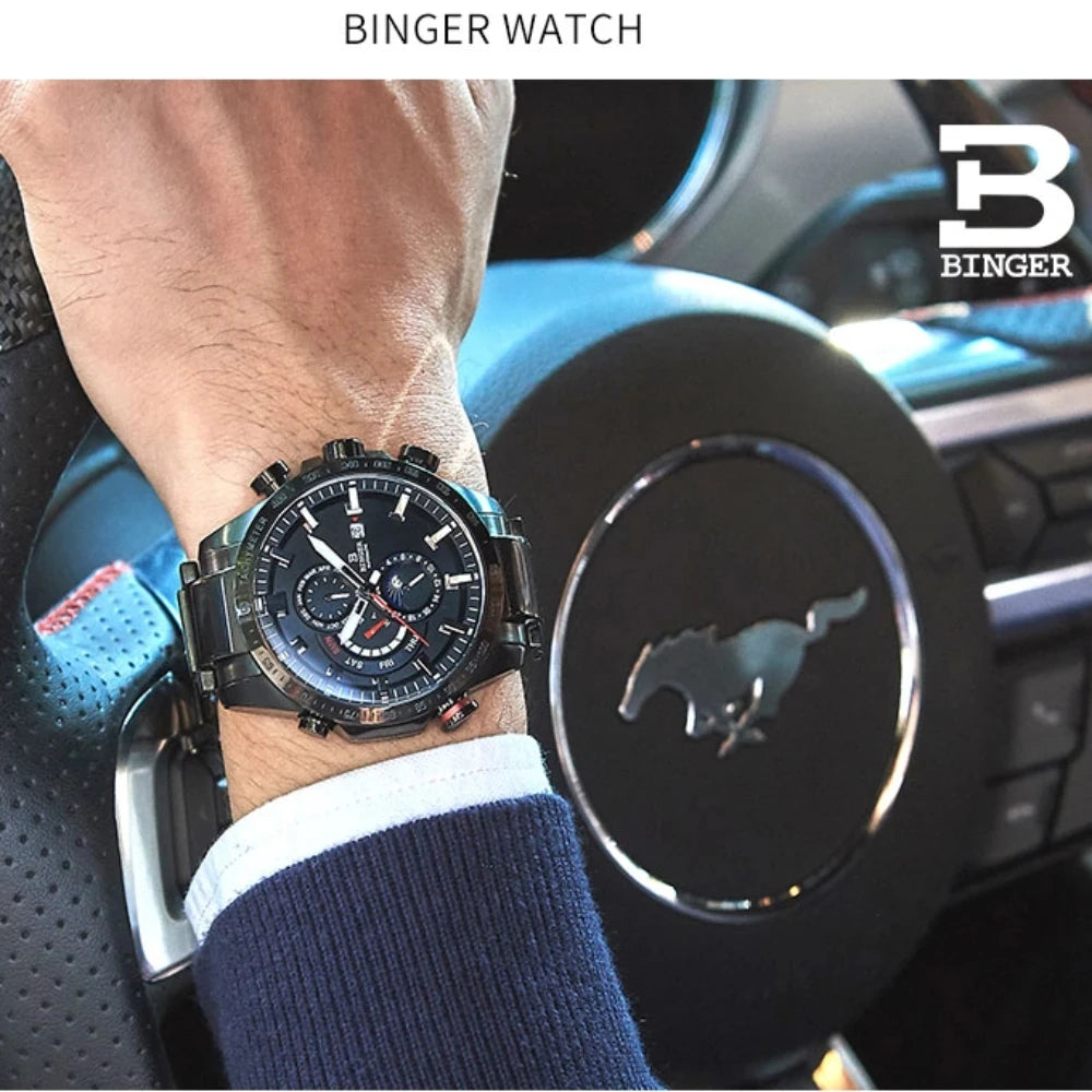 Genuine Luxury! BINGER Swiss Brand Automatic Mechanical Watch – Moon Phase, Luminous, Sapphire Crystal, 50M Waterproof