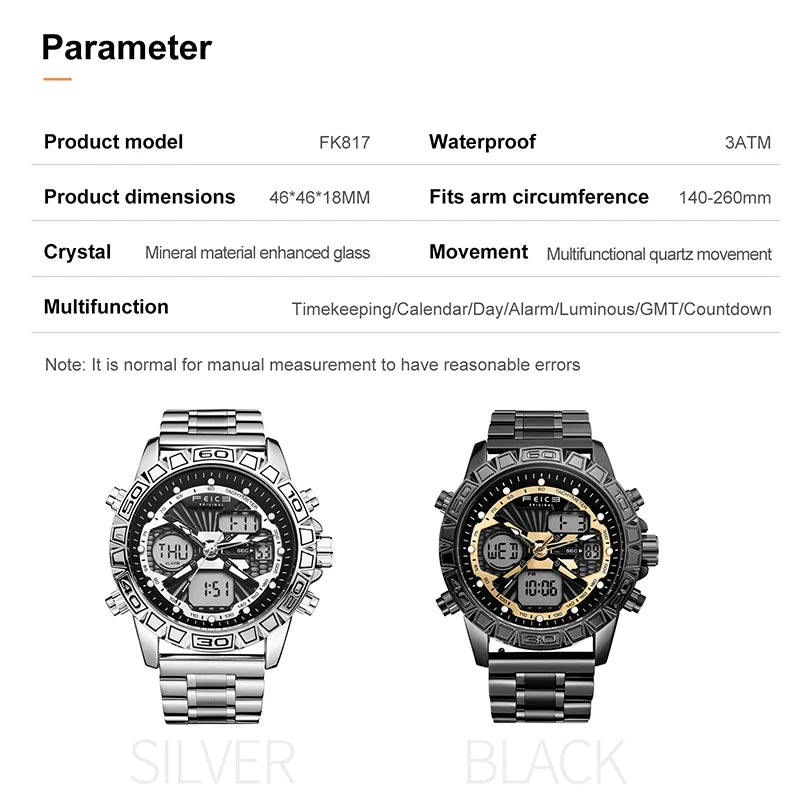 Original Retro Design! FEICE FK817 Dual Display Quartz Watch – Luminous, Waterproof, 8-Function Sport Chronograph