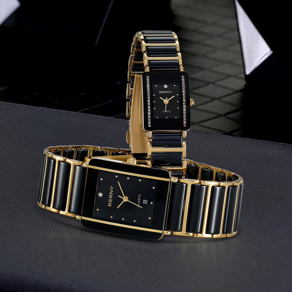 Couple's Luxury! BERNY Ceramic Quartz Rectangle Watch – Black Gold, Calendar, 30M Waterproof, Sapphire Coated Lens
