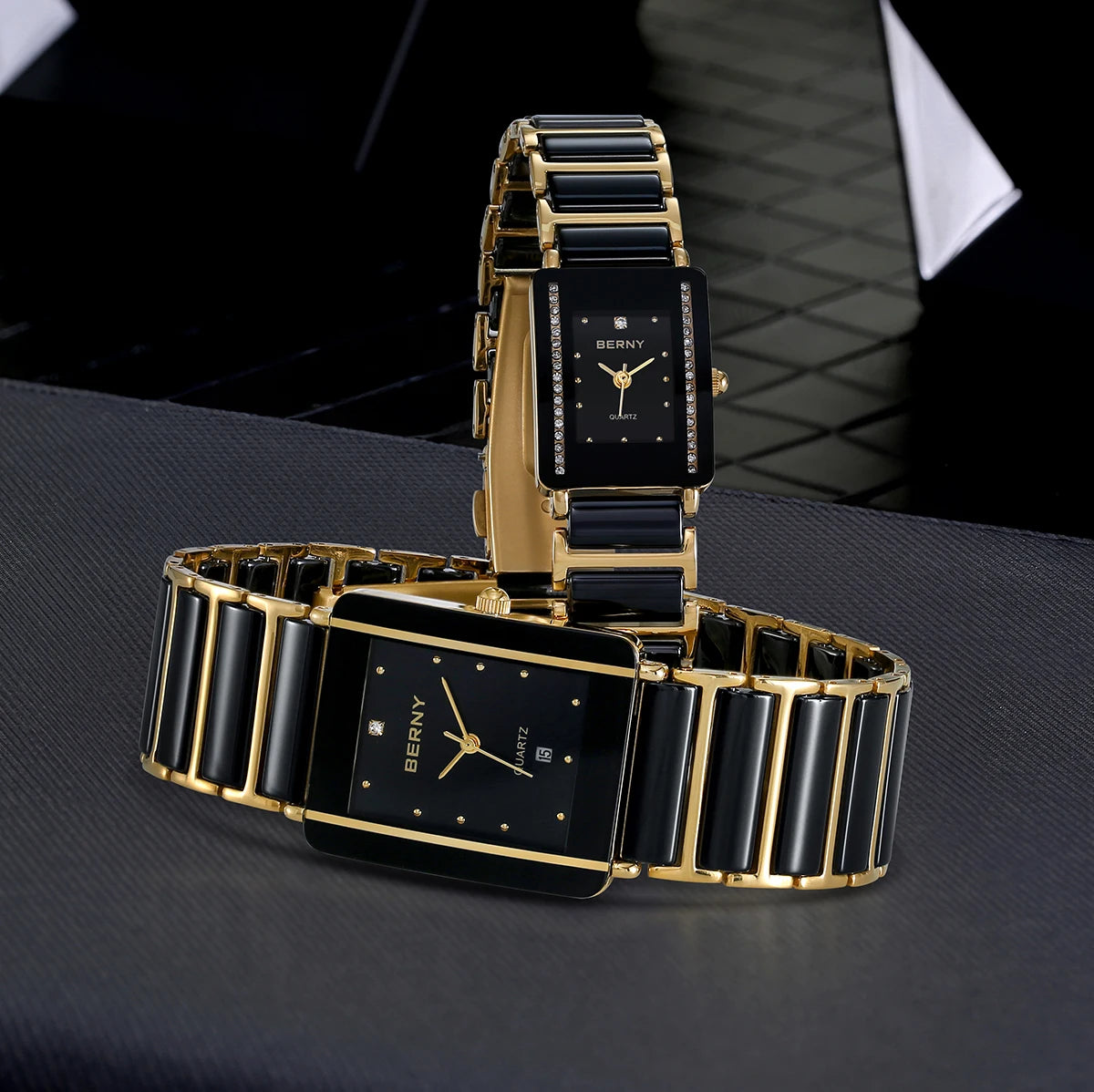 Couple's Luxury! BERNY Ceramic Quartz Rectangle Watch – Black Gold, Calendar, 30M Waterproof, Sapphire Coated Lens