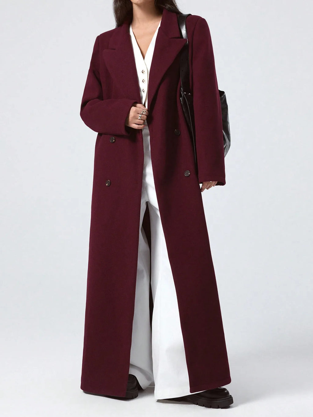 Wine-Red Women’s Slim-Fit Woolen Overcoat – Hepburn-Style Long Autumn Coat, Knee-Length, Double-Breasted Elegance
