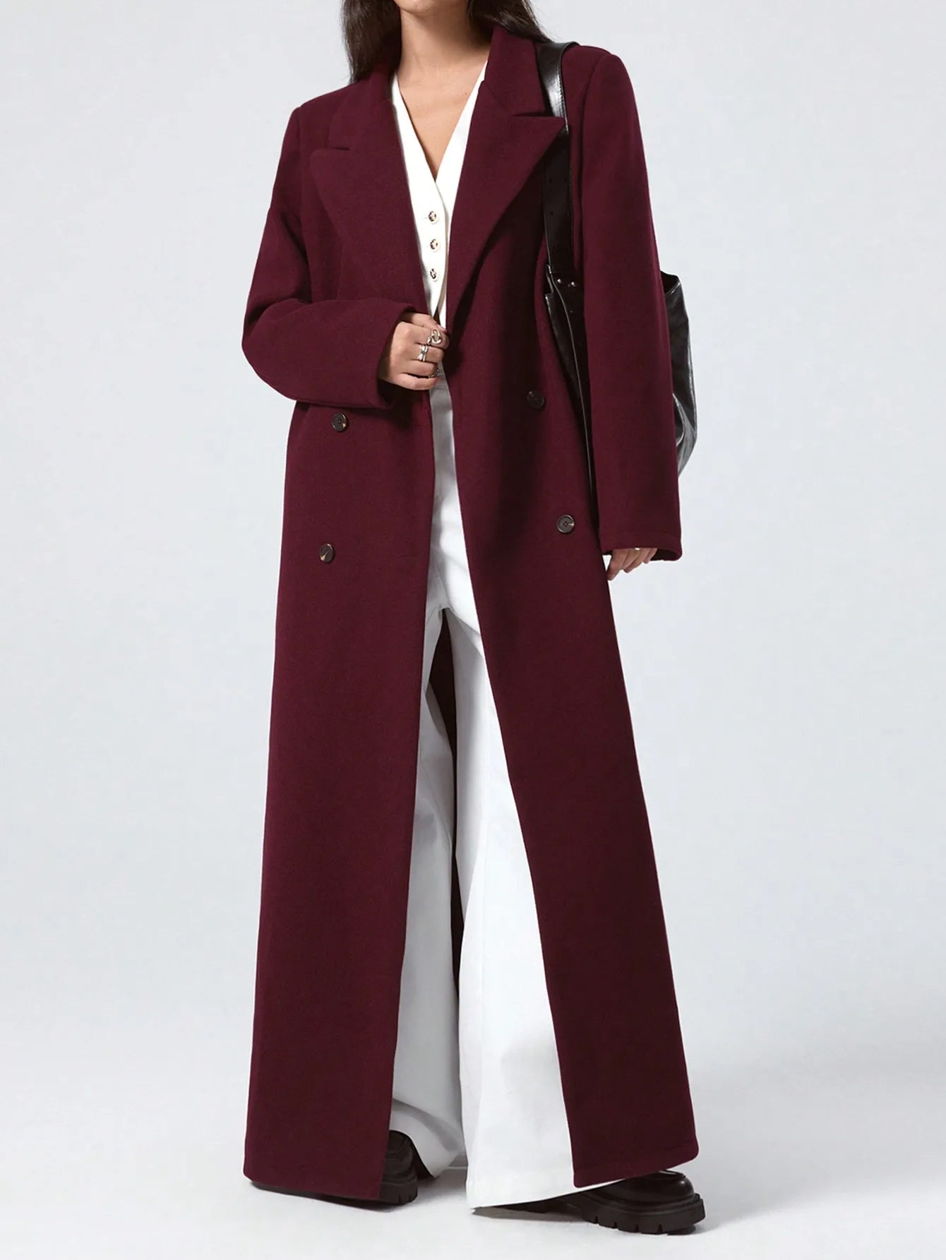 Wine-Red Women’s Slim-Fit Woolen Overcoat – Hepburn-Style Long Autumn Coat, Knee-Length, Double-Breasted Elegance