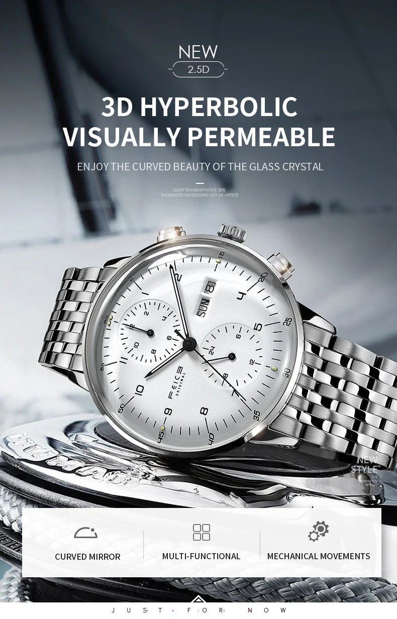 Bauhaus Elegance! FEICE FM121 Automatic Mechanical Dress Watch – Stainless Steel, Full Calendar, Domed Mirror Design