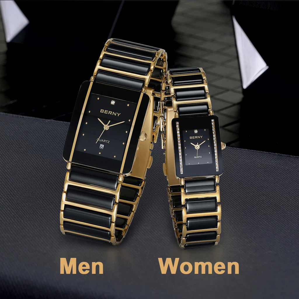 Couple's Luxury! BERNY Ceramic Quartz Rectangle Watch – Black Gold, Calendar, 30M Waterproof, Sapphire Coated Lens