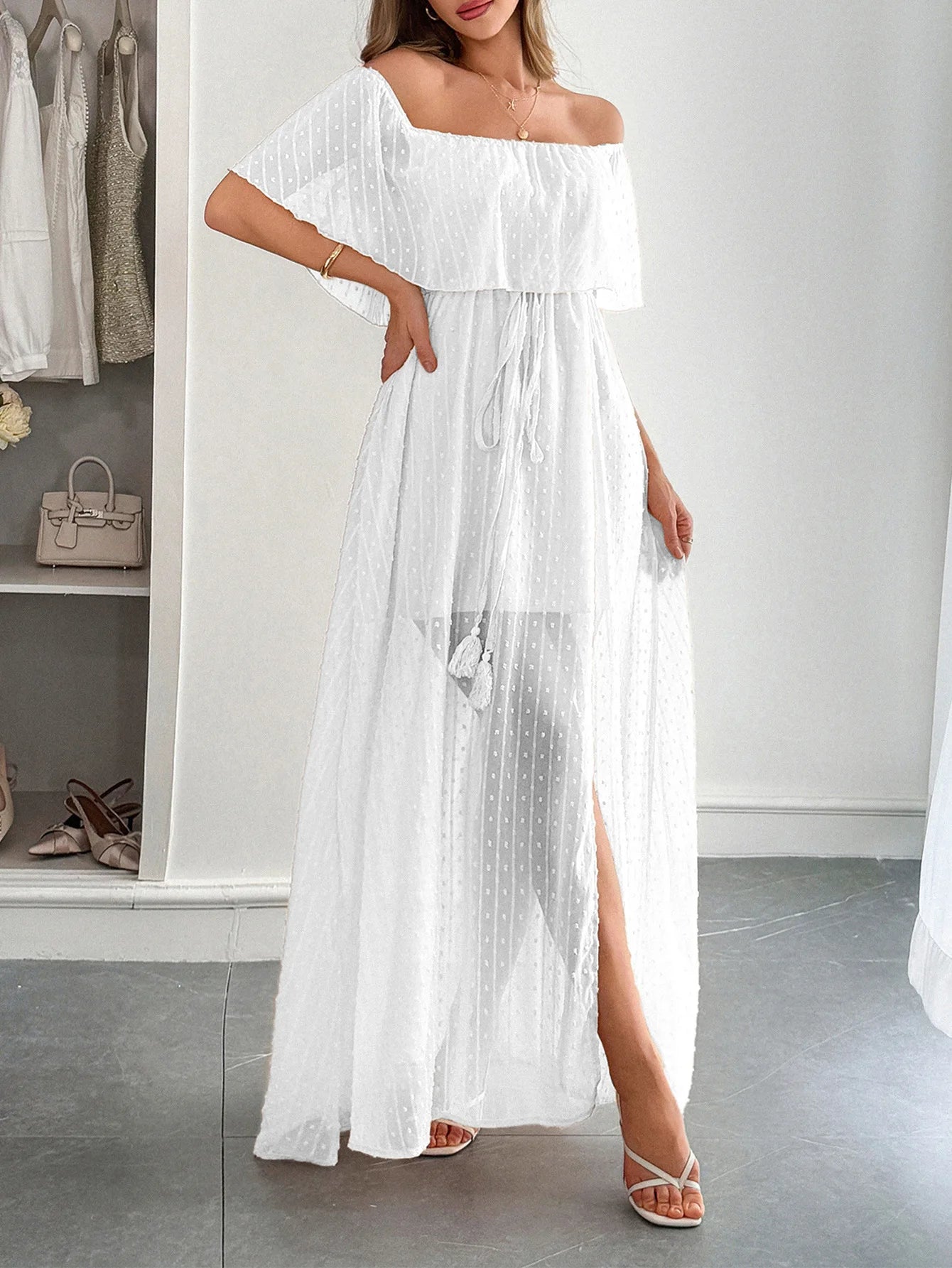 Effortlessly Chic! European A-Line Summer Dress – Elegant Slash Neck, Slim Fit, and Geometric Pattern