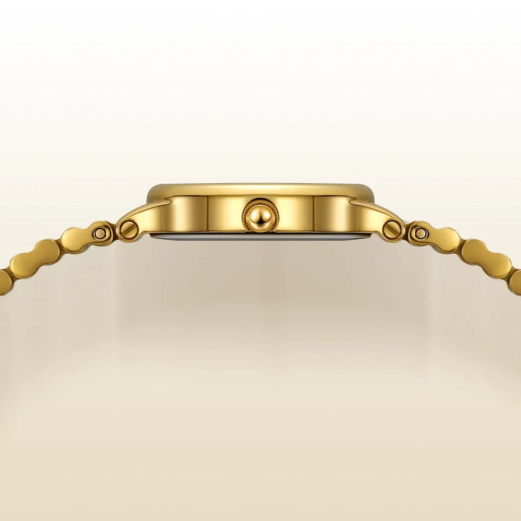 Jewelry Elegance! BERNY Gold Oval Quartz Watch for Women – Ruby Dotted Dial, Ultra-Thin, Butterfly Clasp, 30M Waterproof