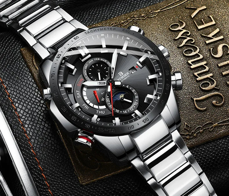 Genuine Luxury! BINGER Swiss Brand Automatic Mechanical Watch – Moon Phase, Luminous, Sapphire Crystal, 50M Waterproof