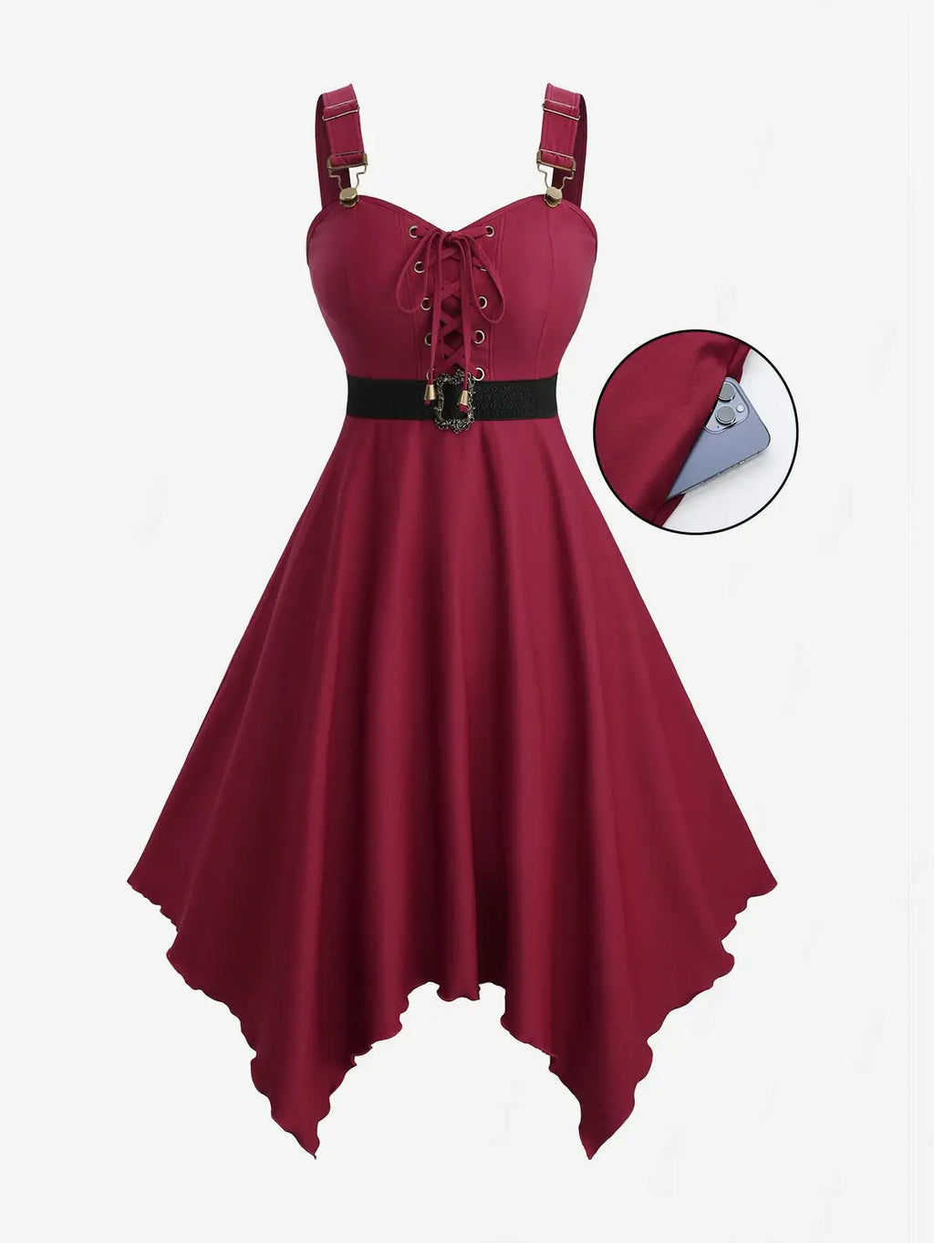 ROSEGAL Plus Size Lace-Up Handkerchief Dress With Pockets And Removable Belt Women's Casual Maxi Dress Deep Red Vestidos