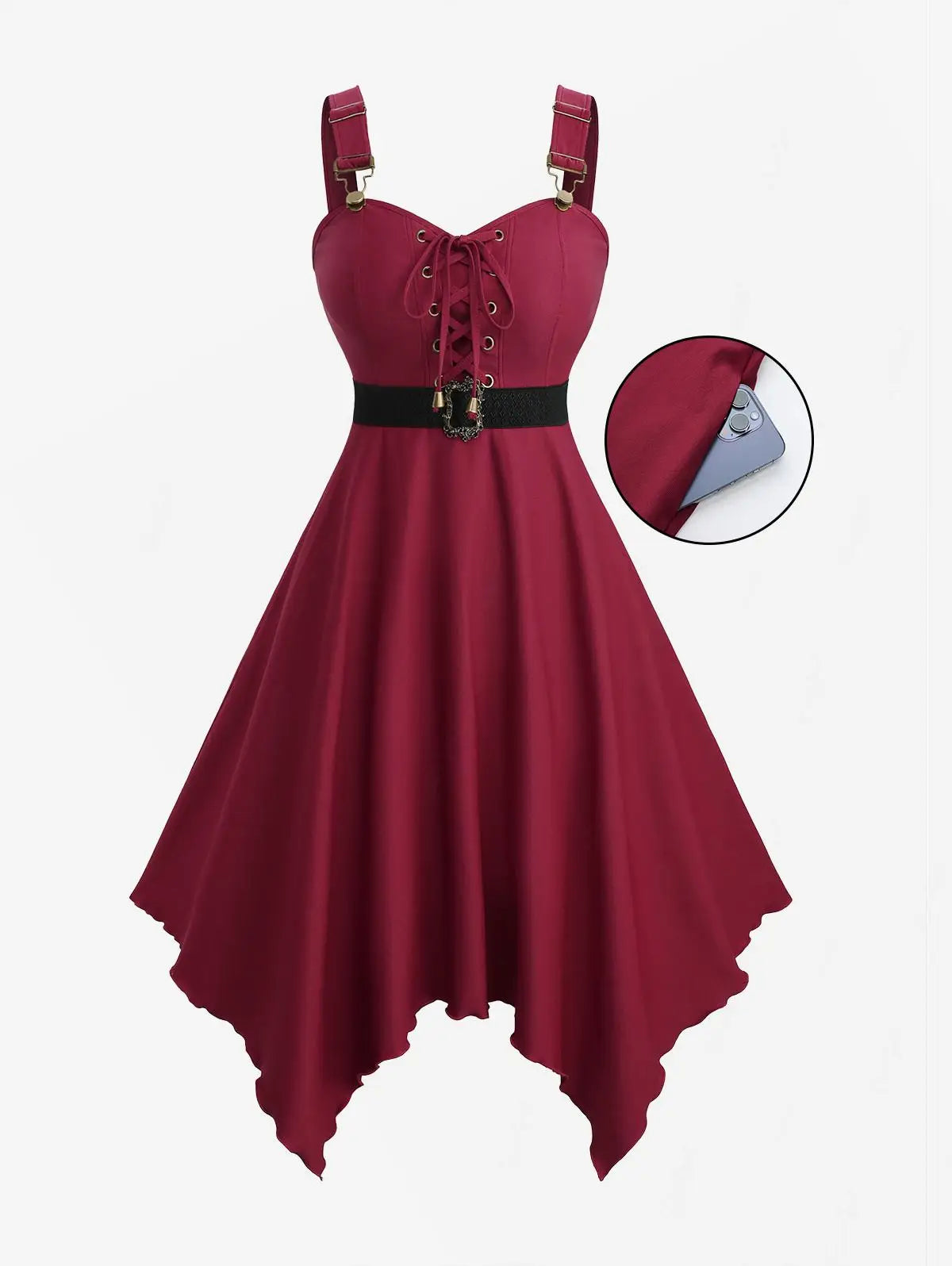 ROSEGAL Plus Size Lace-Up Handkerchief Dress With Pockets And Removable Belt Women's Casual Maxi Dress Deep Red Vestidos