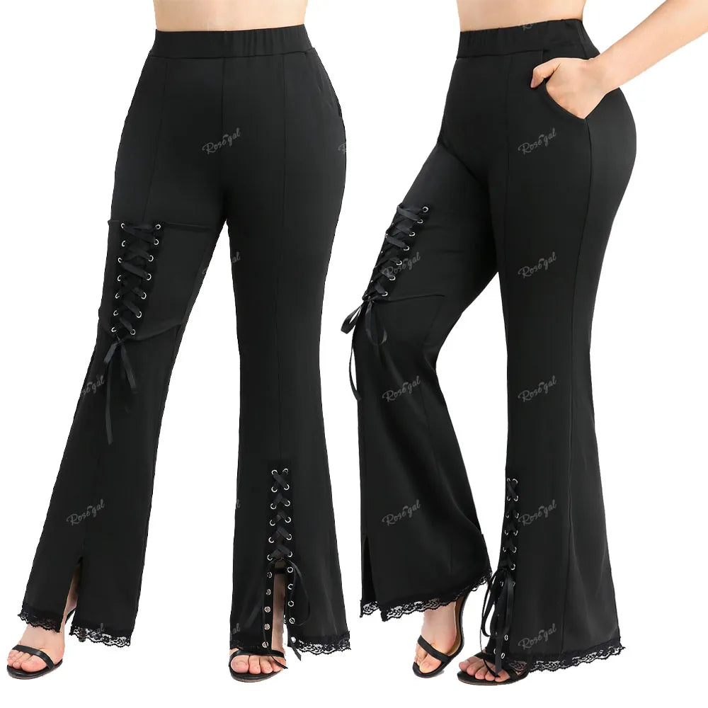 Flattering Flare! ROSE GAL Plus Size High Stretch Split Pants – Lace Trim, Adjustable Lace-Up Detail, Perfect Comfort
