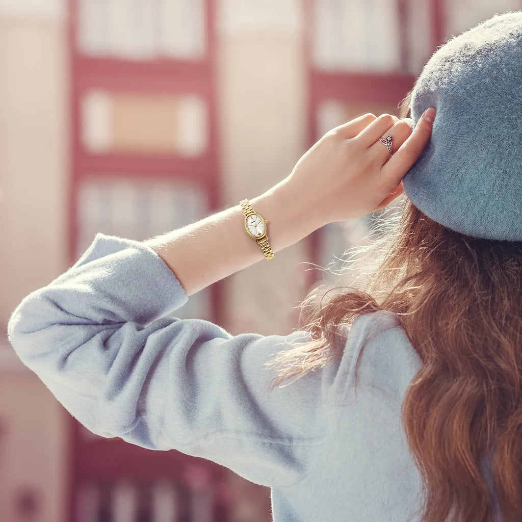 Jewelry Elegance! BERNY Gold Oval Quartz Watch for Women – Ruby Dotted Dial, Ultra-Thin, Butterfly Clasp, 30M Waterproof