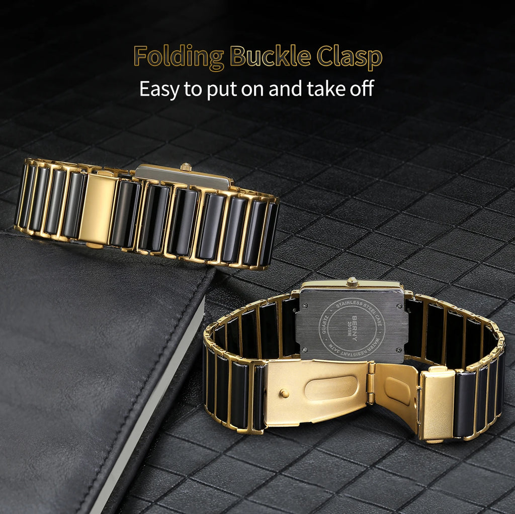 Couple's Luxury! BERNY Ceramic Quartz Rectangle Watch – Black Gold, Calendar, 30M Waterproof, Sapphire Coated Lens