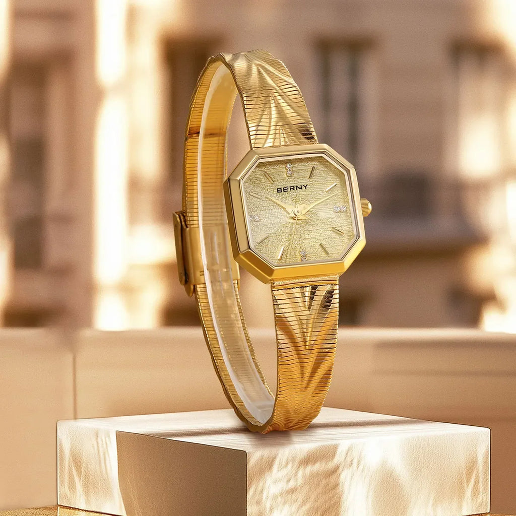 Luxury Small Watch! BERNY Gold Tone Octagonal Quartz Ladies Watch – Grit Dial, Stainless Steel, IP Gold Plated, Waterproof