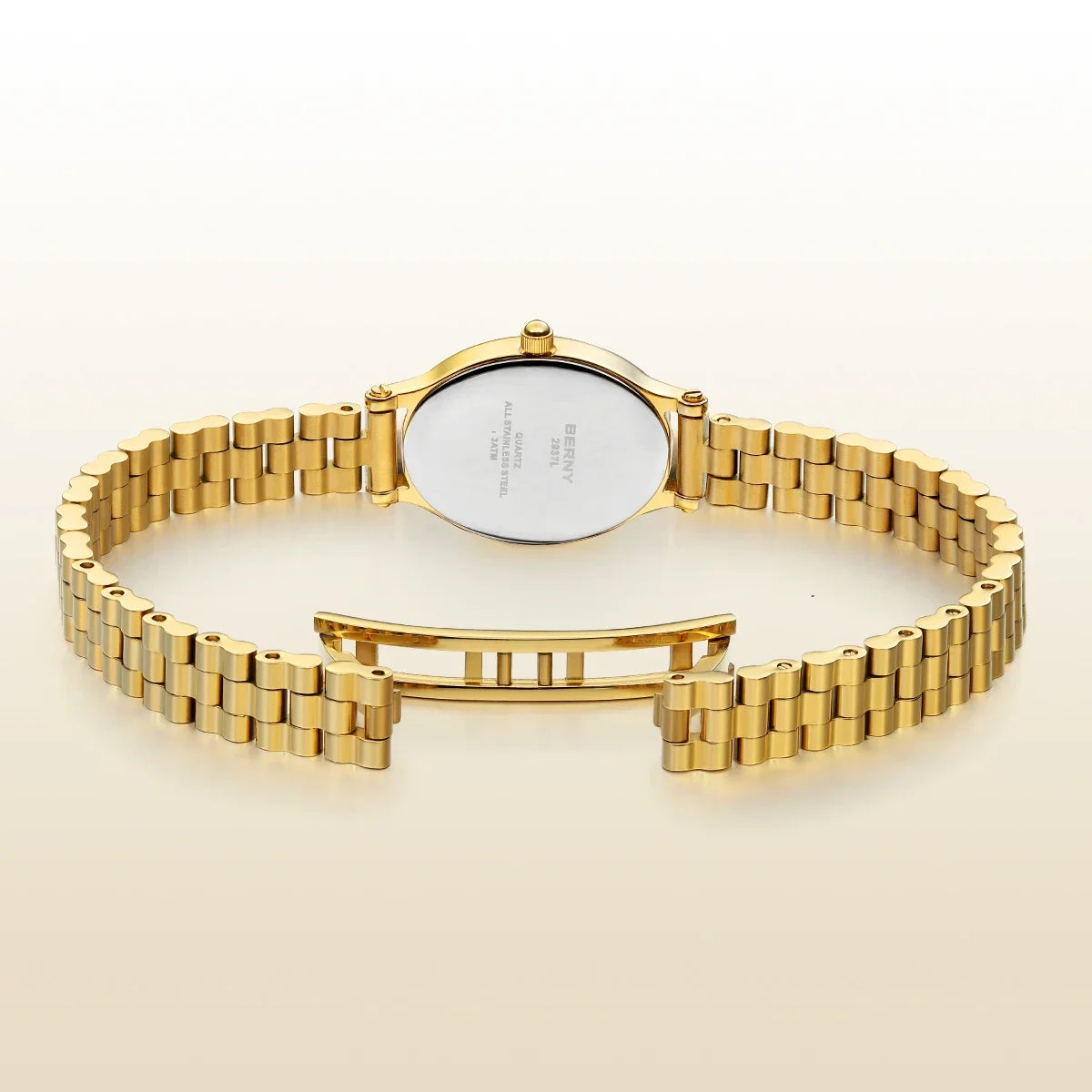 Jewelry Elegance! BERNY Gold Oval Quartz Watch for Women – Ruby Dotted Dial, Ultra-Thin, Butterfly Clasp, 30M Waterproof