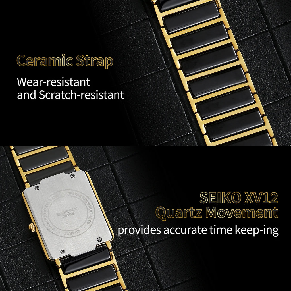 Couple's Luxury! BERNY Ceramic Quartz Rectangle Watch – Black Gold, Calendar, 30M Waterproof, Sapphire Coated Lens