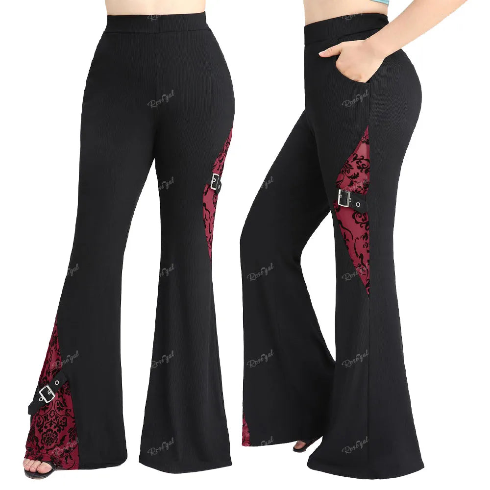 ROSEGAL Plus Size Women’s High-Stretch Casual Flare Pants with Floral Mesh Flocking and Buckle Grommet Details