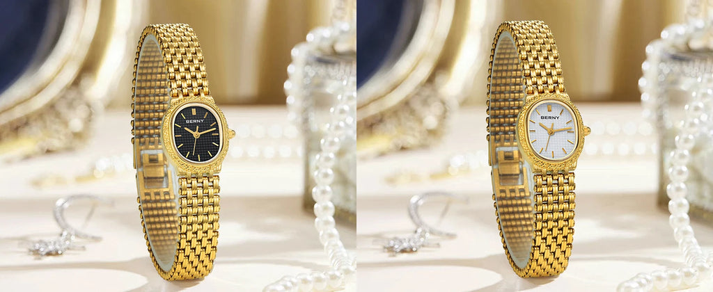 Slim Elegance! BERNY Oval Gold Quartz Ladies Watch – Swiss Movement, Ultra-Thin Case, Stainless Steel Bracelet, 30M Waterproof