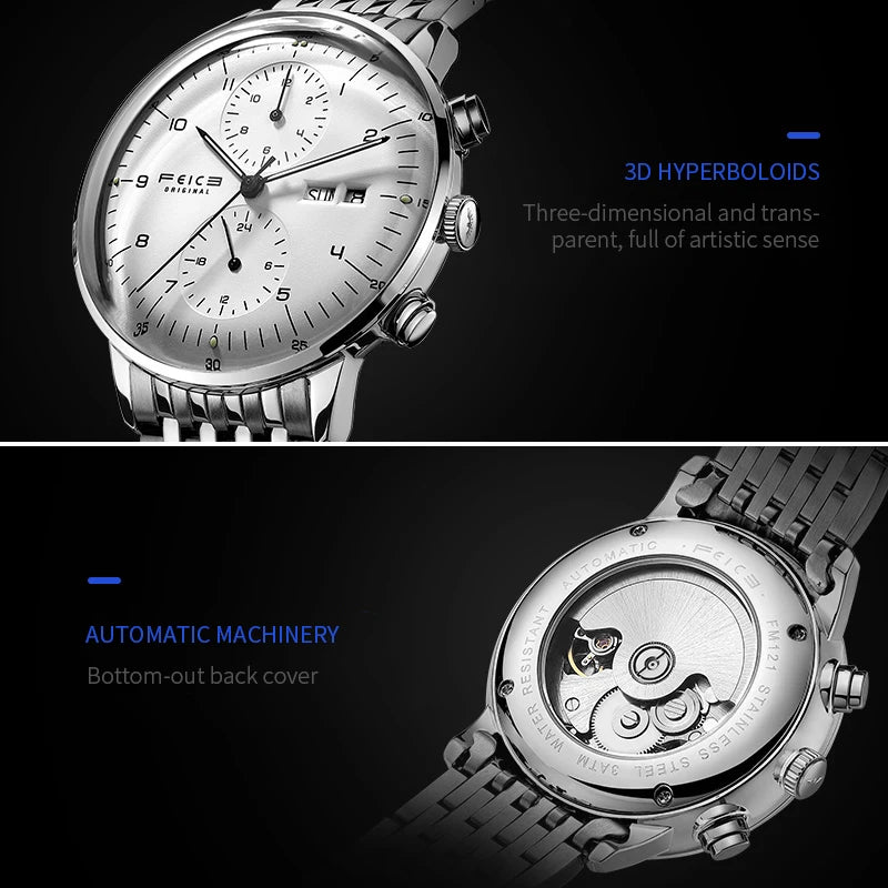 Bauhaus Elegance! FEICE FM121 Automatic Mechanical Dress Watch – Stainless Steel, Full Calendar, Domed Mirror Design