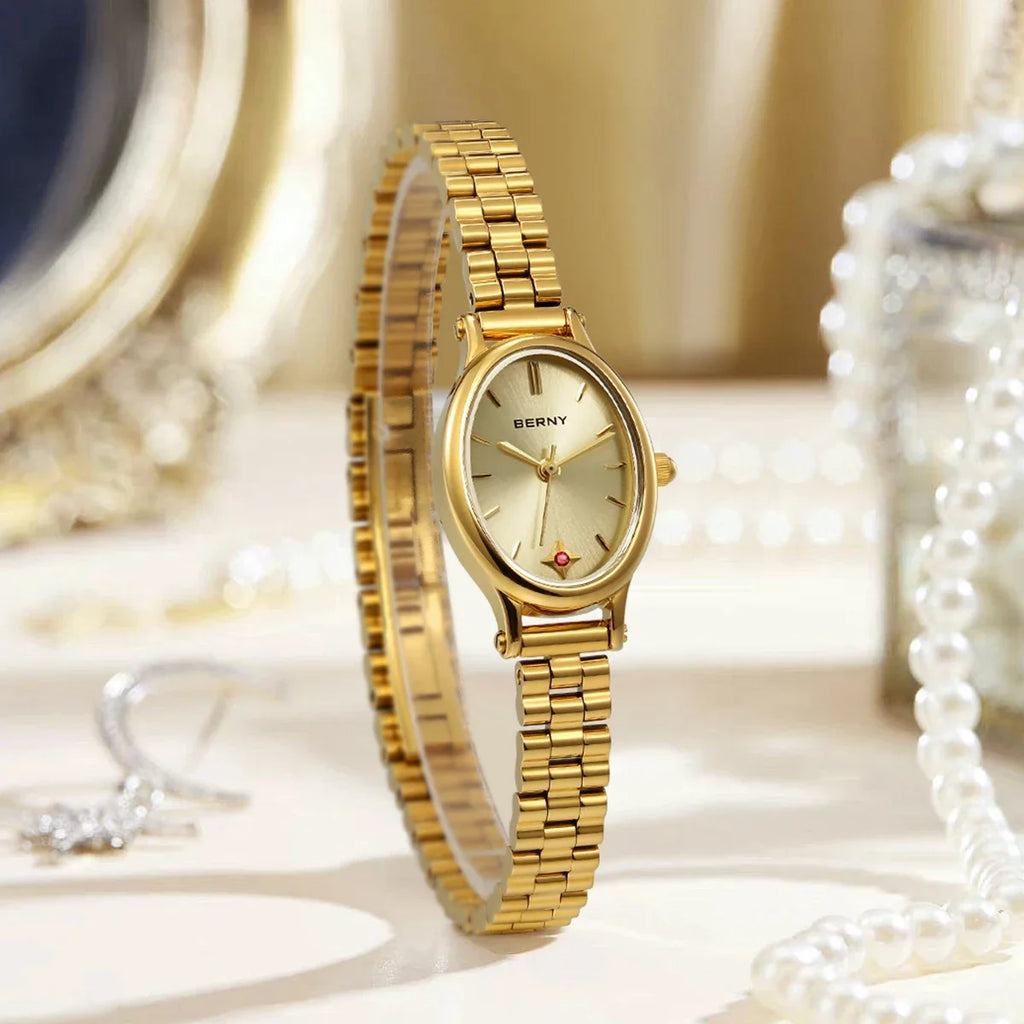 Jewelry Elegance! BERNY Gold Oval Quartz Watch for Women – Ruby Dotted Dial, Ultra-Thin, Butterfly Clasp, 30M Waterproof