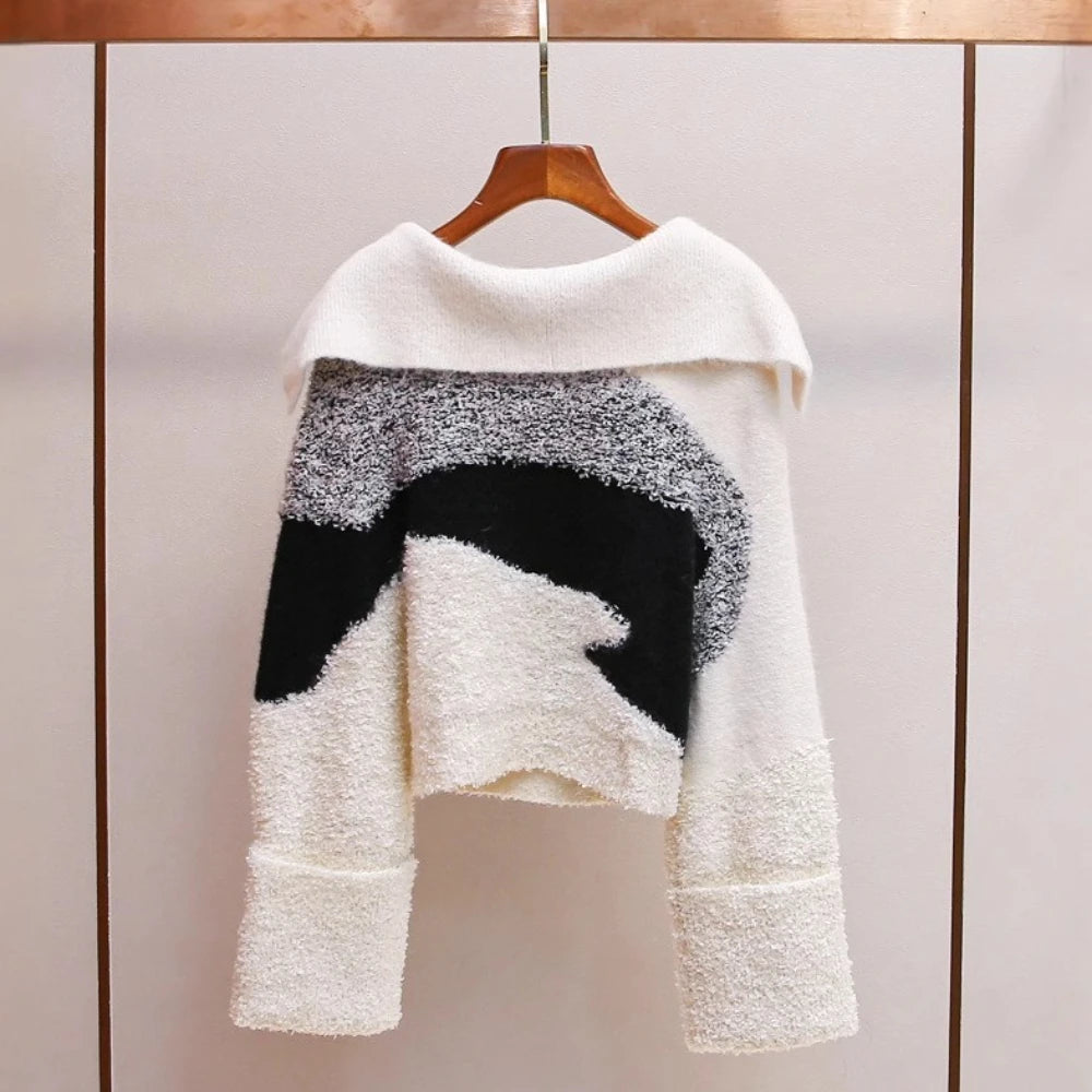 High-End Design Sense! Elegant Contrasting Color Short Sweater – Loose Fit, Turn-Down Collar, Autumn/Winter Knit