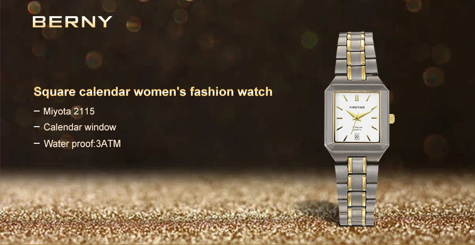 Ultralight Luxury! BERNY Square Titanium Quartz Watch for Women – Gold Tone, Calendar Display, 30M Waterproof